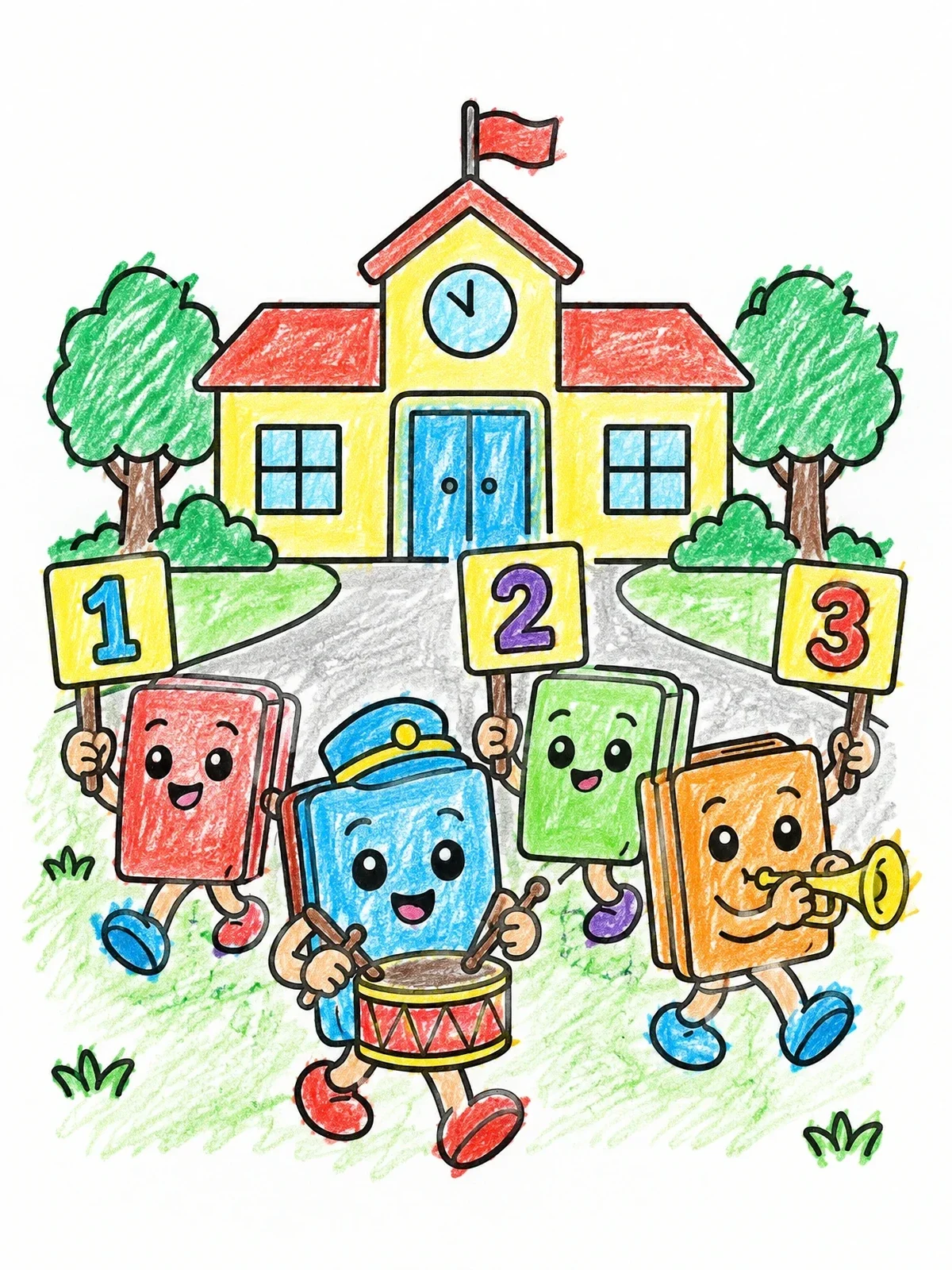 Colored example of the Marching Books Outside The Schoolhouse coloring page