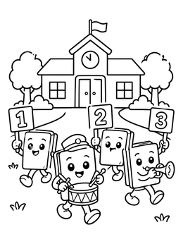 Free printable Marching Books Outside The Schoolhouse coloring page