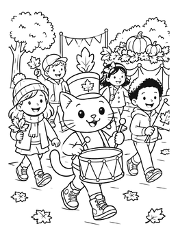 Free printable Marching Drummer Cat In Autumn Parade coloring page
