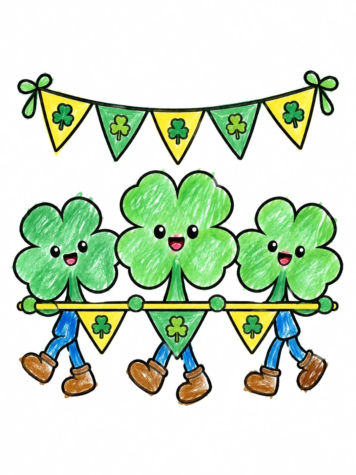 Colored example of the Marching Four Leaf Clover Characters coloring page