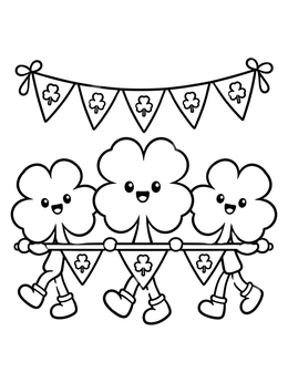 Free printable Marching Four Leaf Clover Characters coloring page