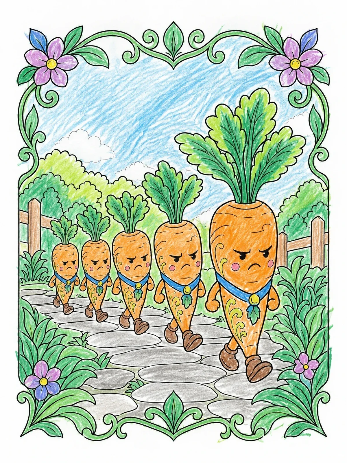 Colored example of the Marching Grumpy Carrots On Path coloring page