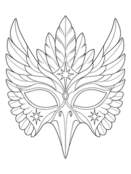 Bird-inspired mask in this mardi gras coloring page with feathers and stars.