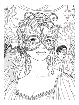 A woman wearing an intricate butterfly mask on this mardi gras coloring page.