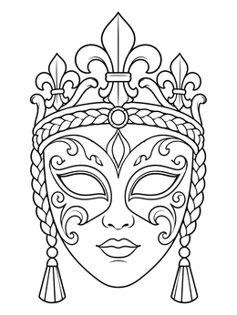 An ornate carnival mask with a fleur-de-lis tiara on this mardi gras coloring page.