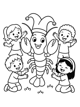 Free printable Happy Crawfish And Cheerful Children coloring page