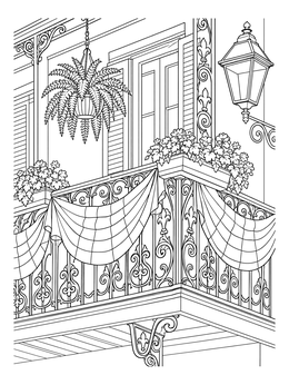 A decorated wrought-iron balcony in this mardi gras coloring page featuring festive bunting and lush plants.