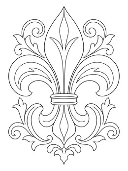 An ornate fleur-de-lis symbol featured on a mardi gras coloring page.