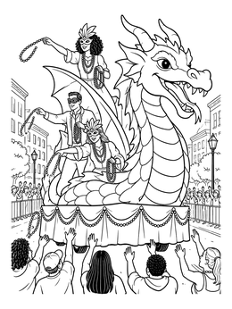 A dragon parade float rolls through a crowd in this mardi gras coloring page.