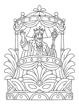A cheerful carnival king greets the crowd in this detailed Mardi Gras coloring page.
