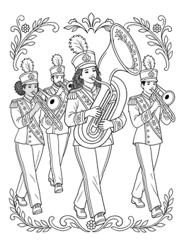 A festive brass band plays in this detailed Mardi Gras coloring page.