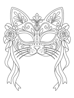 An ornate cat masquerade mask with roses and ribbons on this mardi gras coloring page.