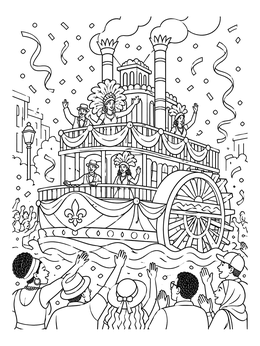 A festive riverboat parade float surrounded by crowds in this mardi gras coloring page.