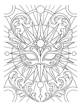 An ornate sunburst masquerade mask in this detailed mardi gras coloring page.