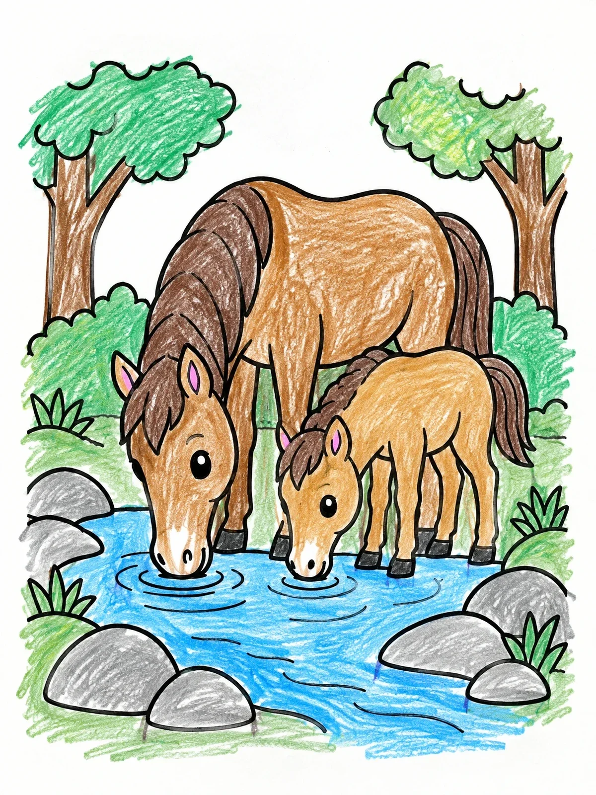Colored example of the Mare And Foal Drinking Stream Water coloring page