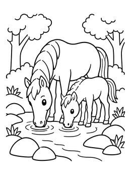 Free printable Mare And Foal Drinking Stream Water coloring page
