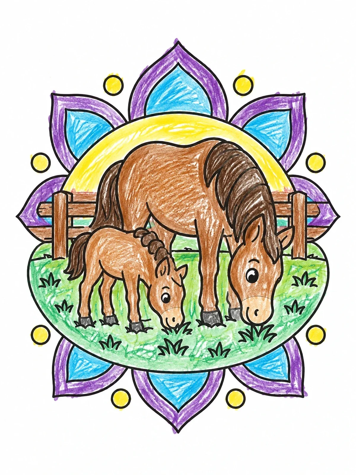 Colored example of the Mare And Foal Grazing Together coloring page