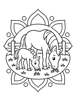 Free printable Mare And Foal Grazing Together coloring page