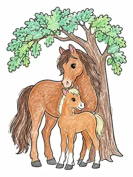 Color Teee Mare And Foal Under Oak Tree Coloring Page