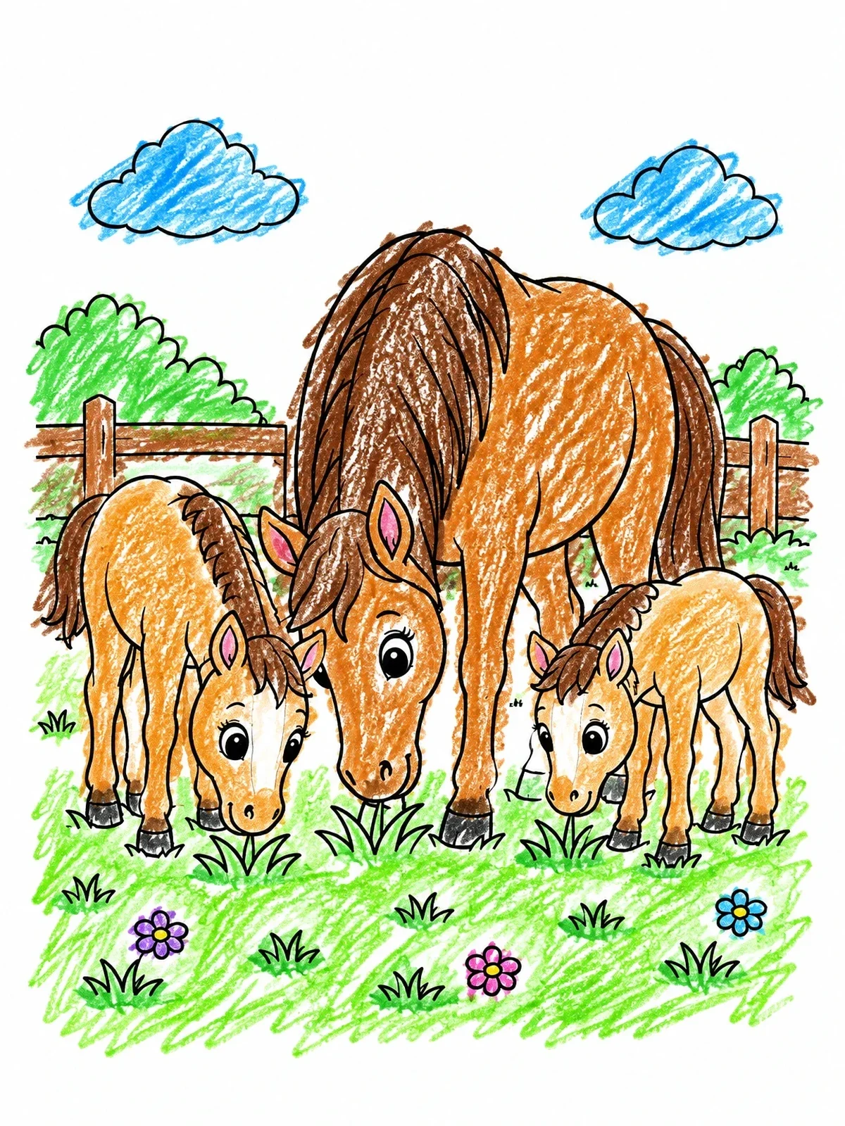 Colored example of the Mare And Twin Foals Grazing coloring page