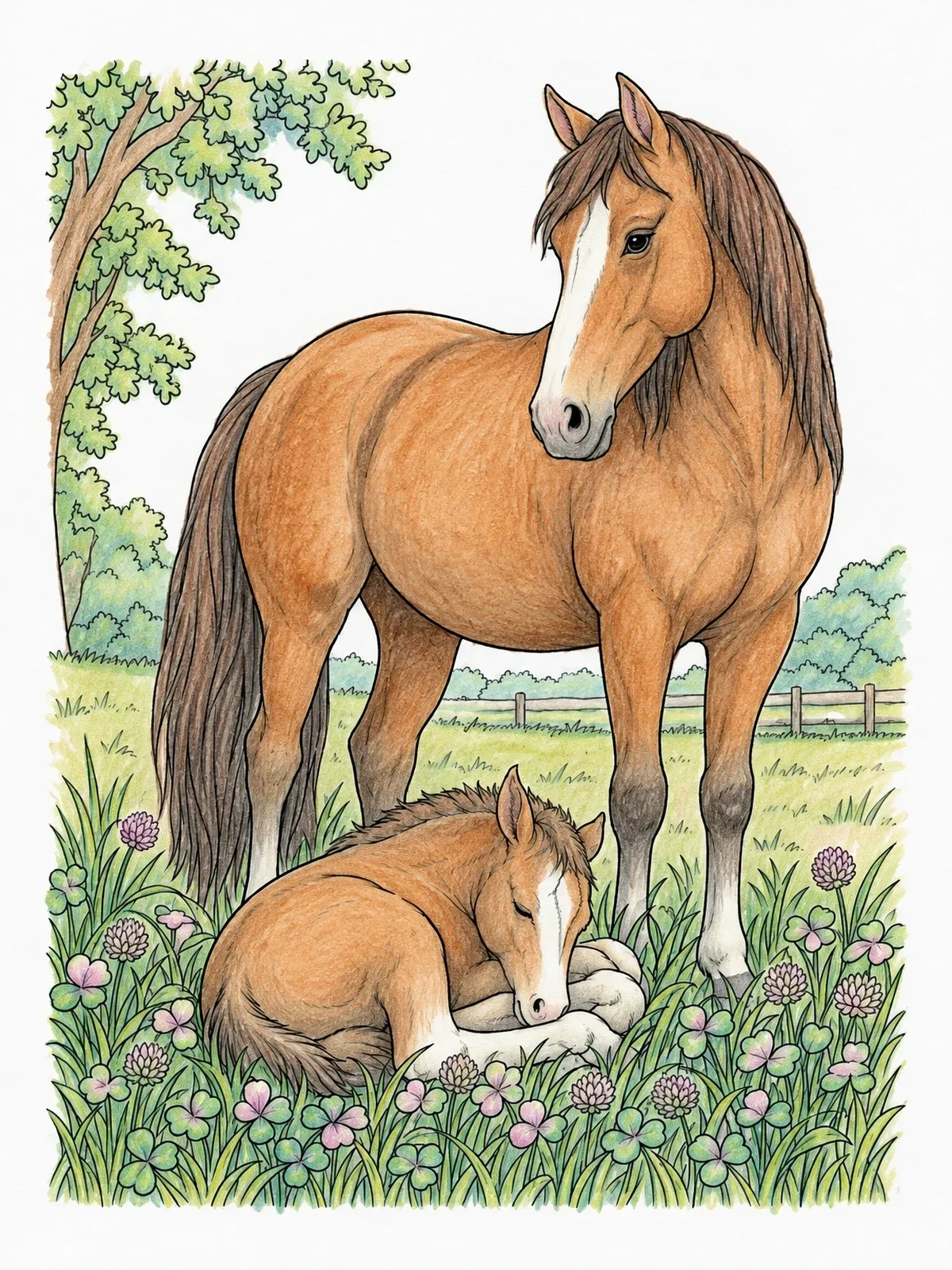 Colored example of the Mare Watching Over Sleeping Foal coloring page