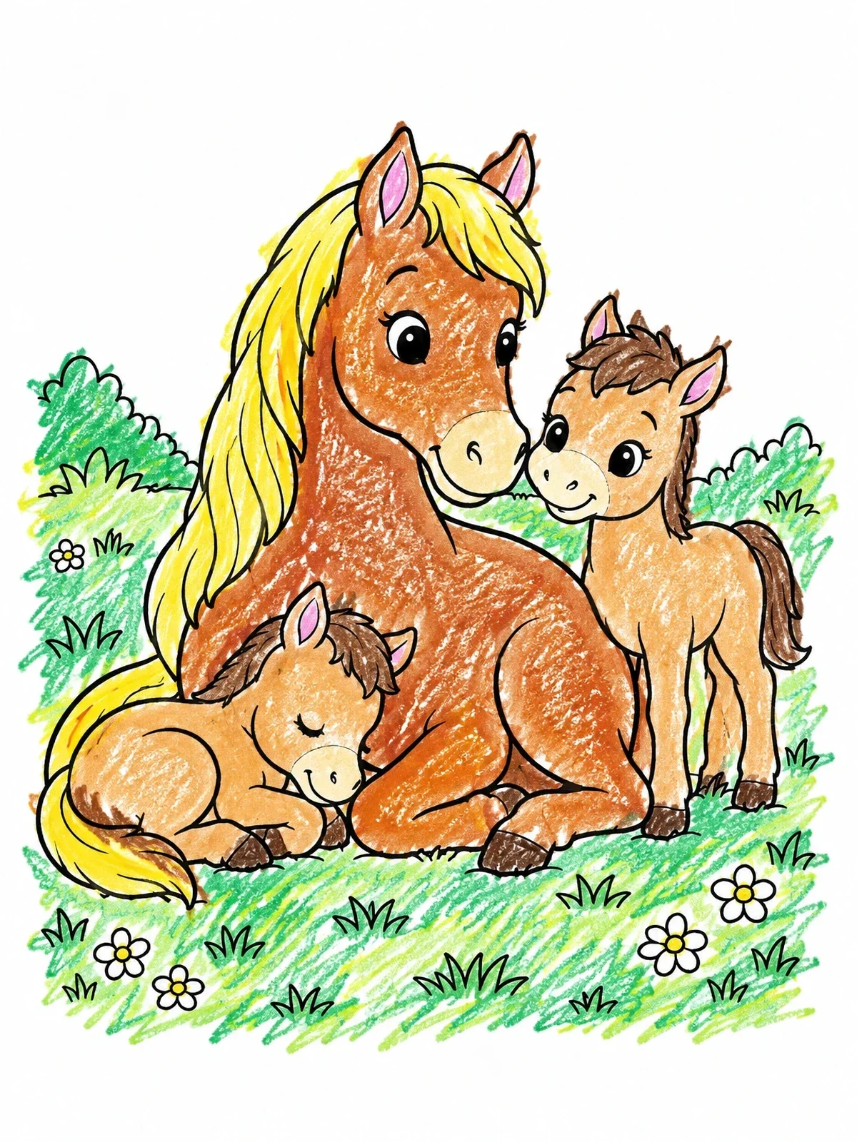 Colored example of the Mare Resting With Two Foals coloring page