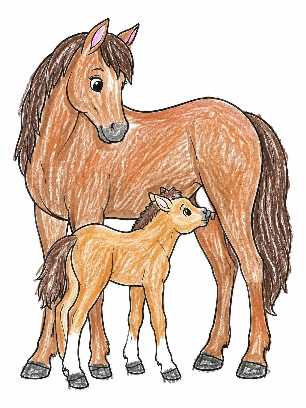 Colored example of the Mare With Her Cute Foal coloring page