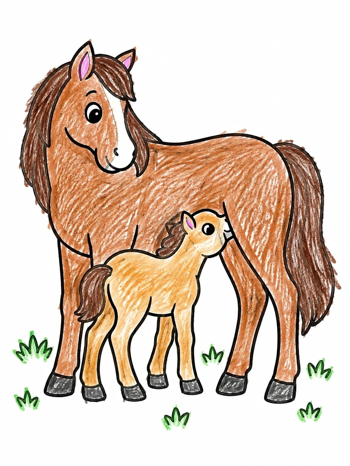 Colored example of the Mare With Nursing Foal In Pasture coloring page