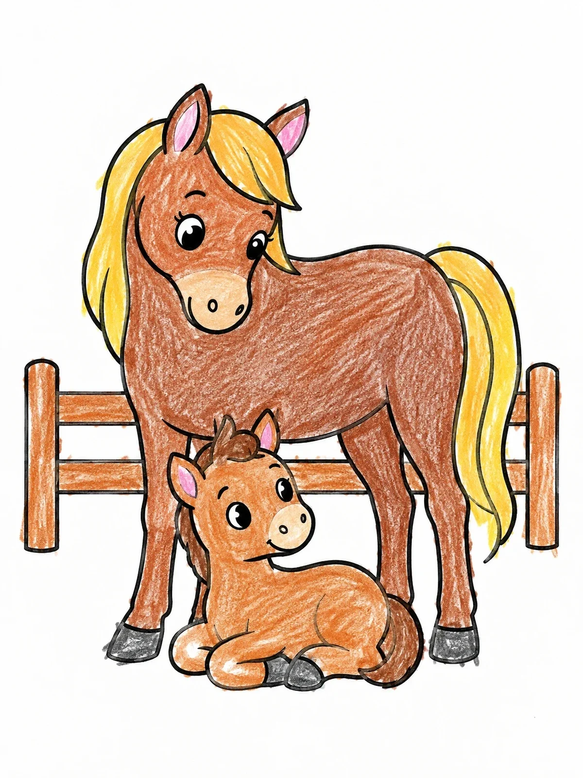 Colored example of the Mare With Resting Foal By Fence coloring page