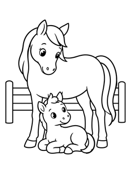 Free printable Mare With Resting Foal By Fence coloring page