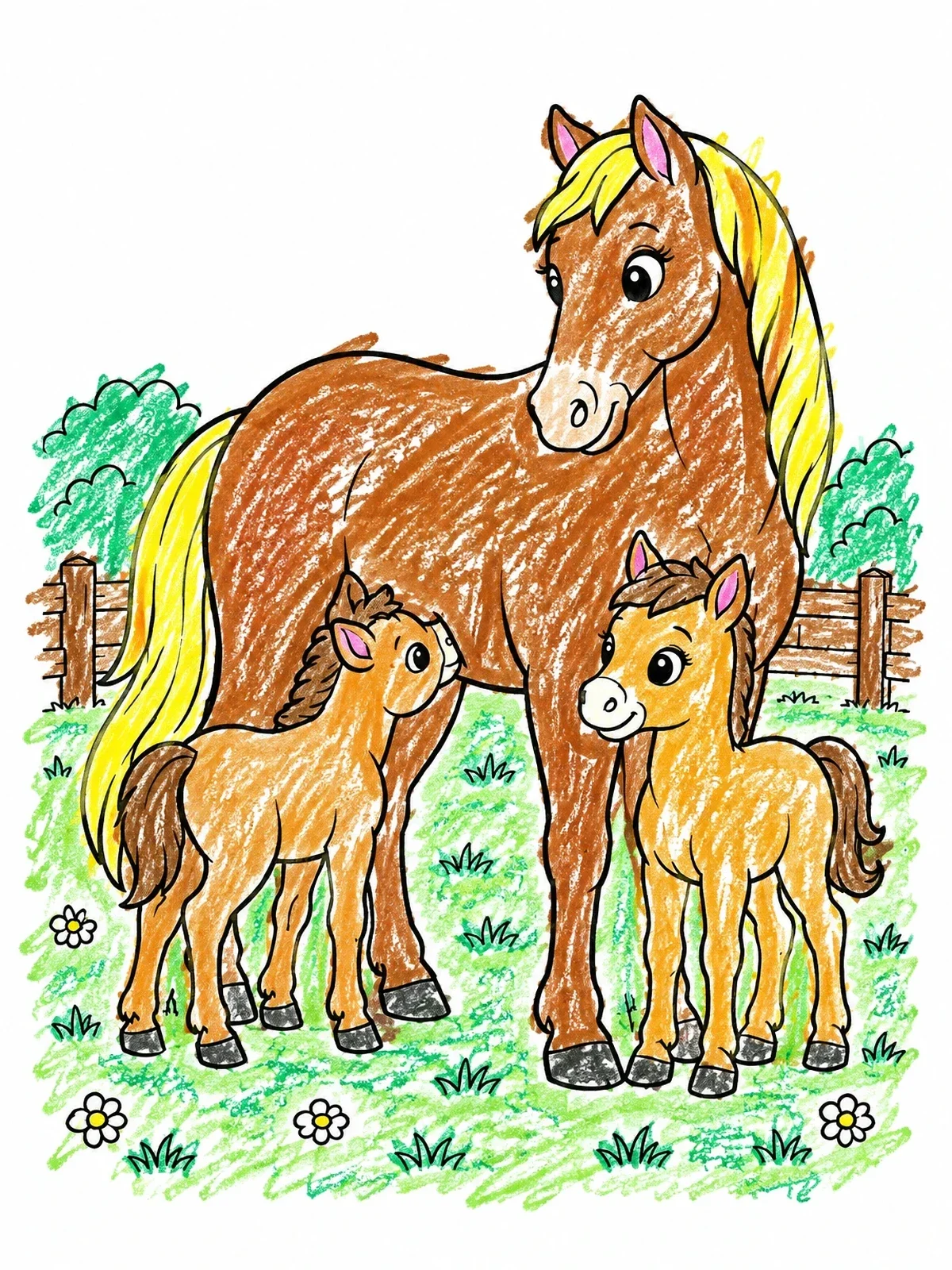 Colored example of the Mare With Two Cute Foals coloring page