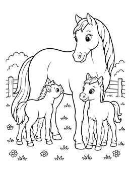 Free printable Mare With Two Cute Foals coloring page