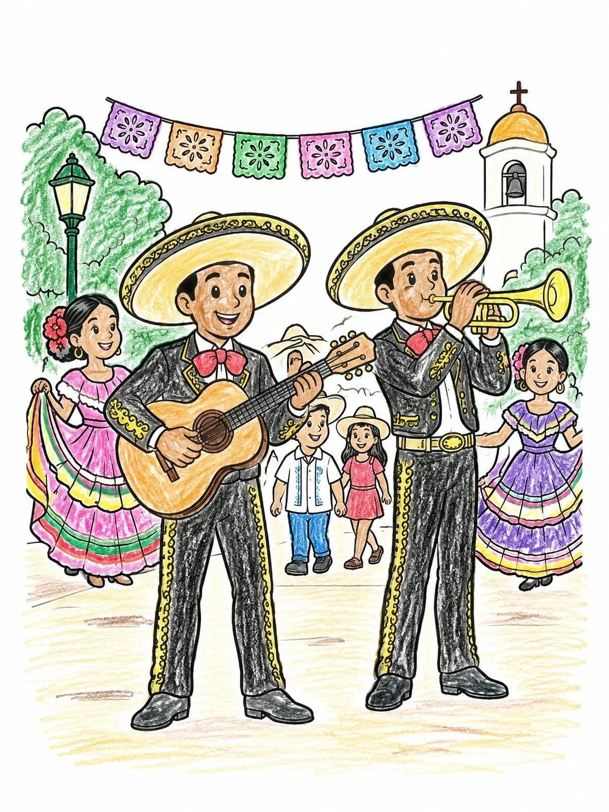 Colored example of the Mariachi Musicians At Charro Days coloring page