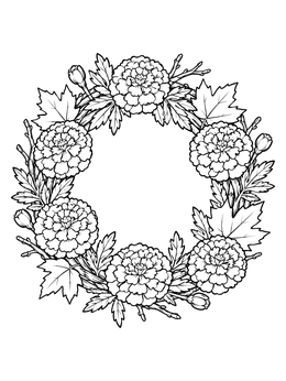 A decorative marigold flower coloring page featuring an autumn wreath with leaves and buds.