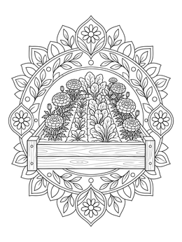 A detailed marigold flower coloring page featuring neat garden rows inside an ornamental mandala frame.