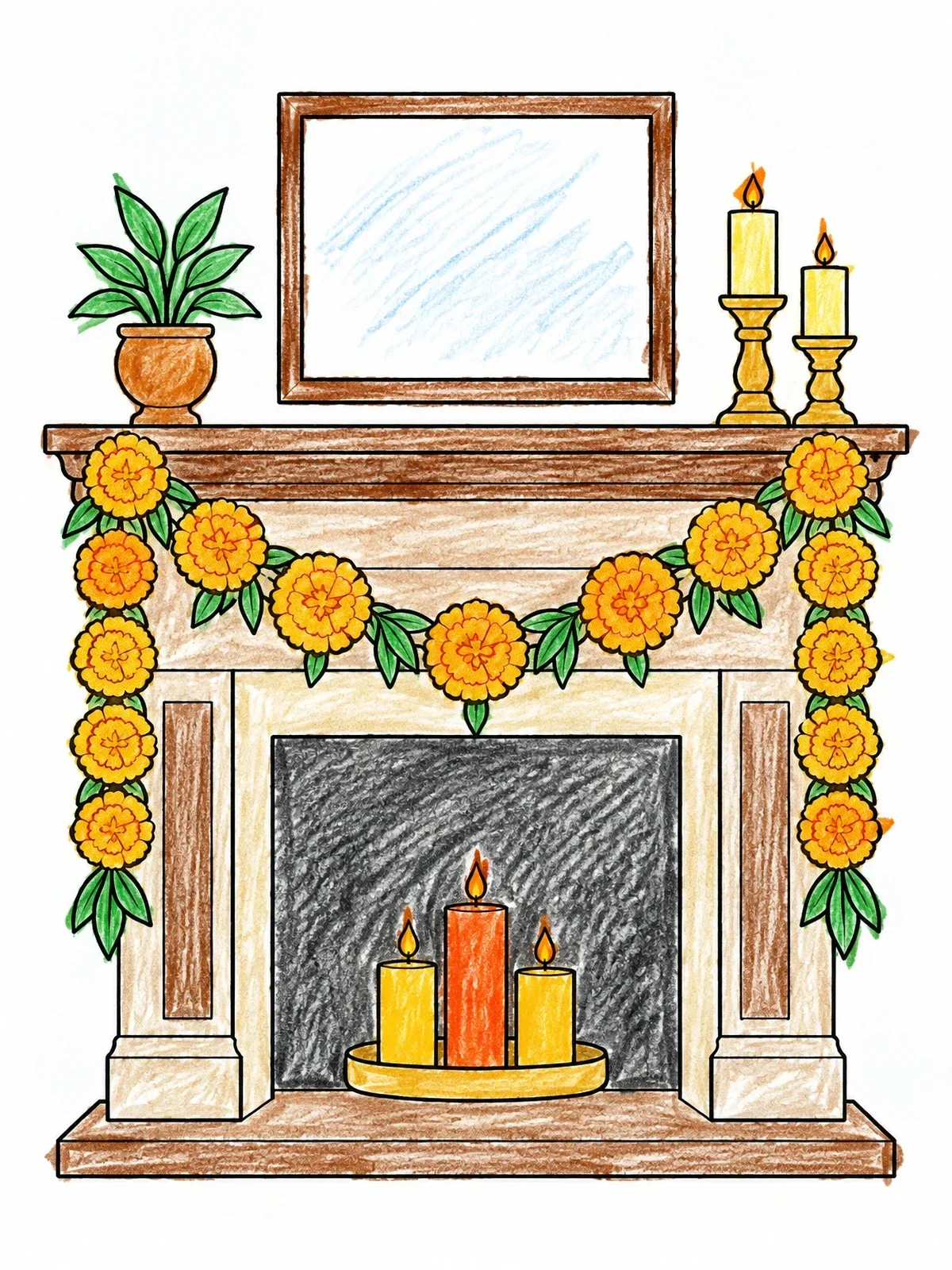 Colored example of the Marigold Garland On Fireplace Mantel coloring page