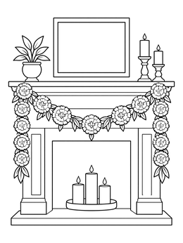 A cozy fireplace decorated with candles and a marigold flower coloring page garland.