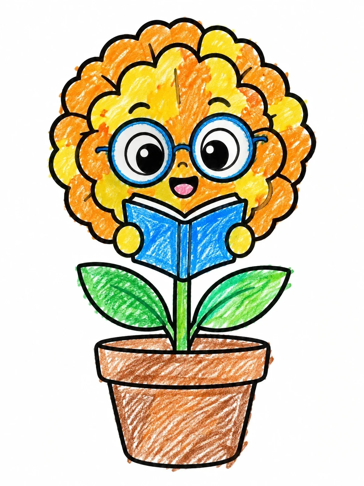 Colored example of the Cute Marigold Reading A Book coloring page