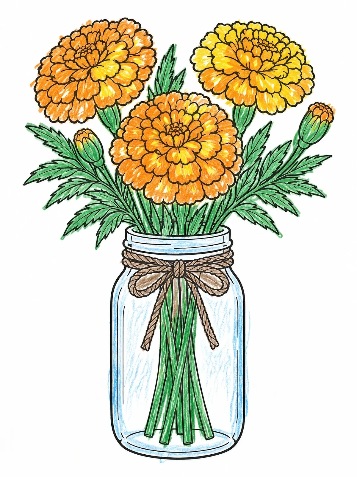 Colored example of the Marigold Flowers In A Mason Jar coloring page