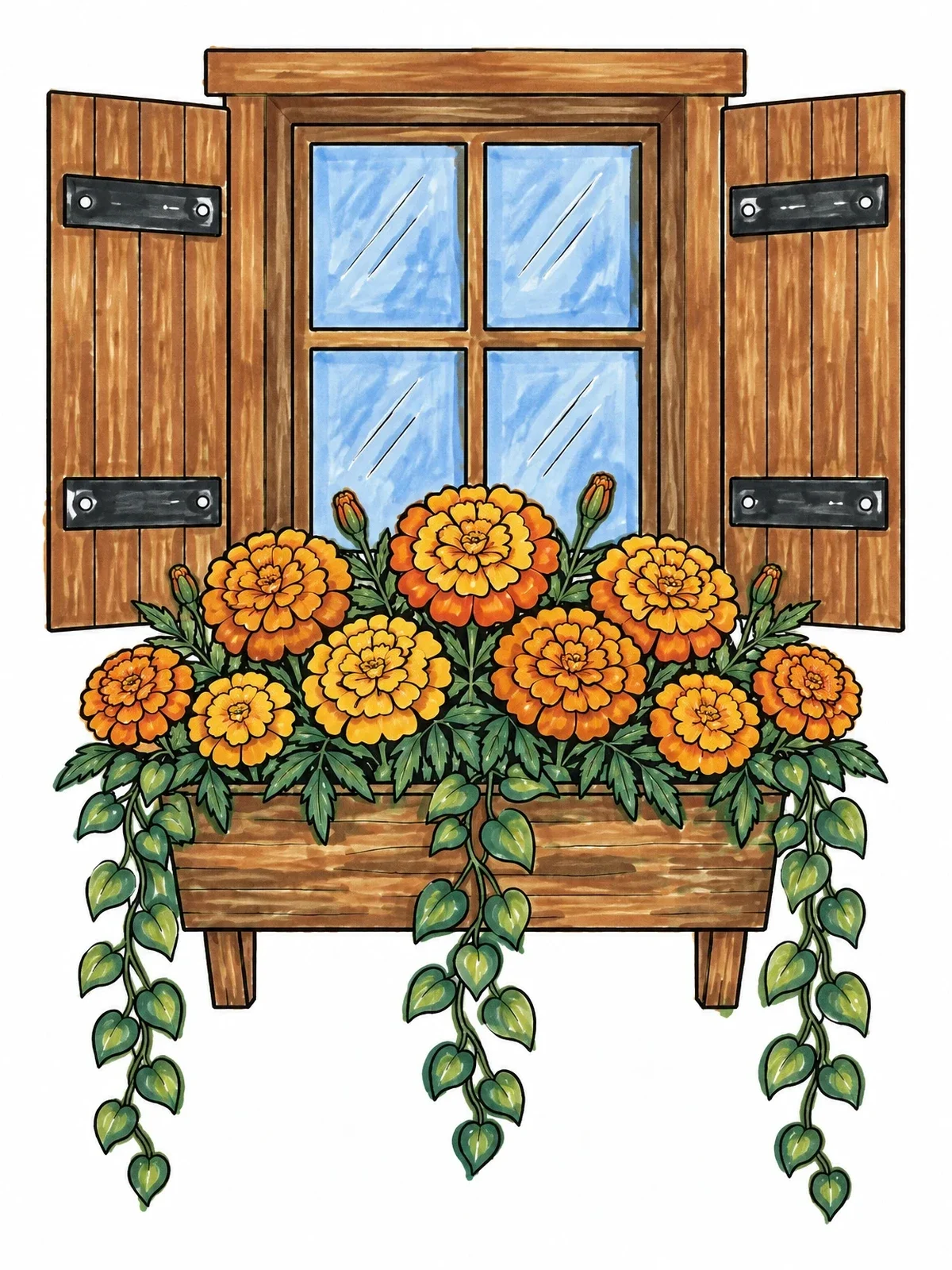 Colored example of the Marigolds In A Cottage Window Box coloring page