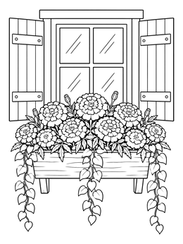 Free printable Marigolds In A Cottage Window Box coloring page