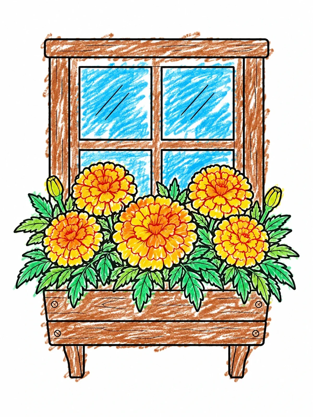 Colored example of the Marigolds In A Window Box coloring page