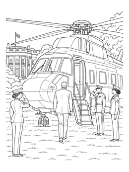 A detailed white house coloring page featuring Marine One on the lawn with saluting officers.