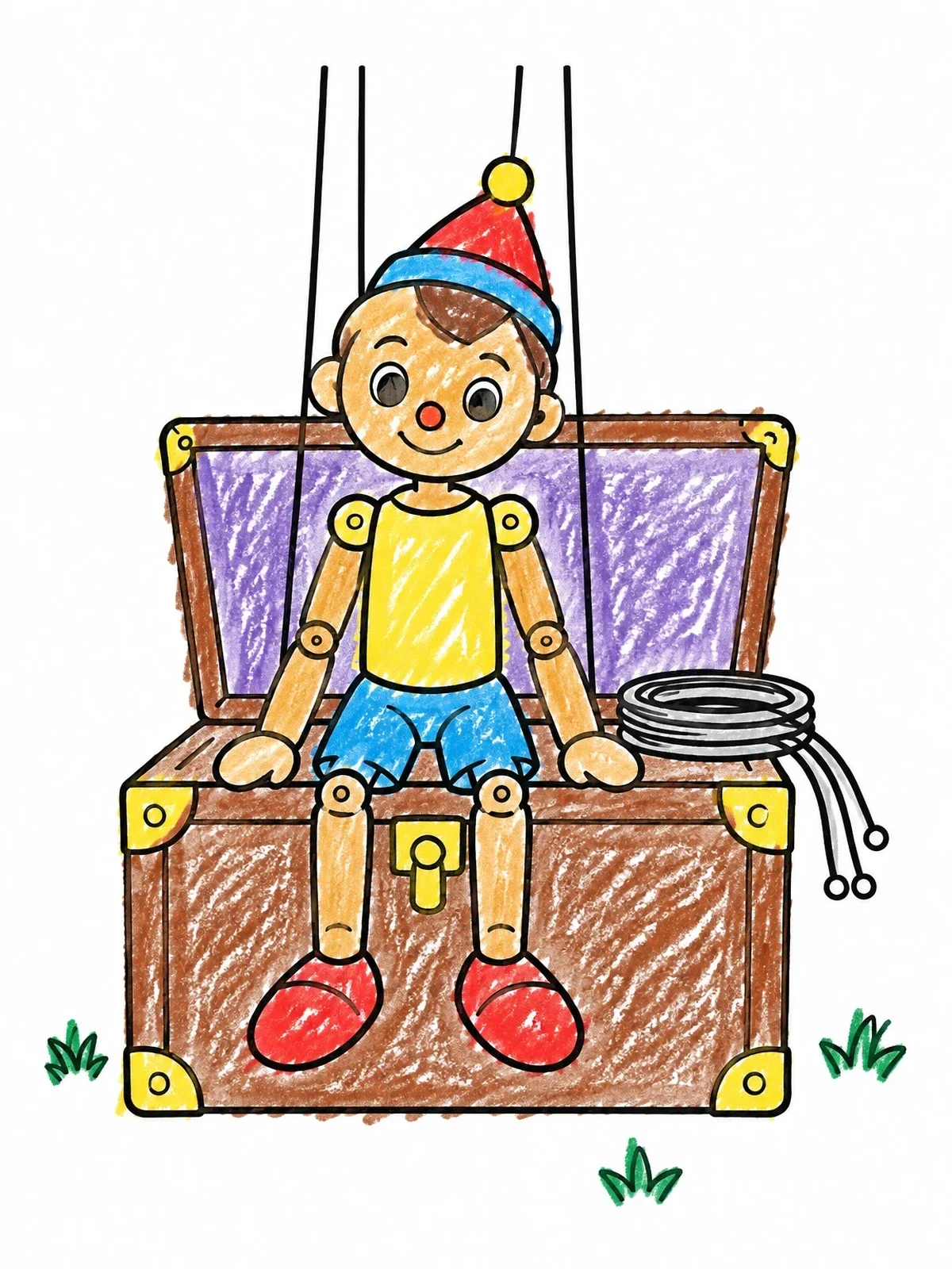 Colored example of the Marionette Puppet On Vintage Trunk coloring page