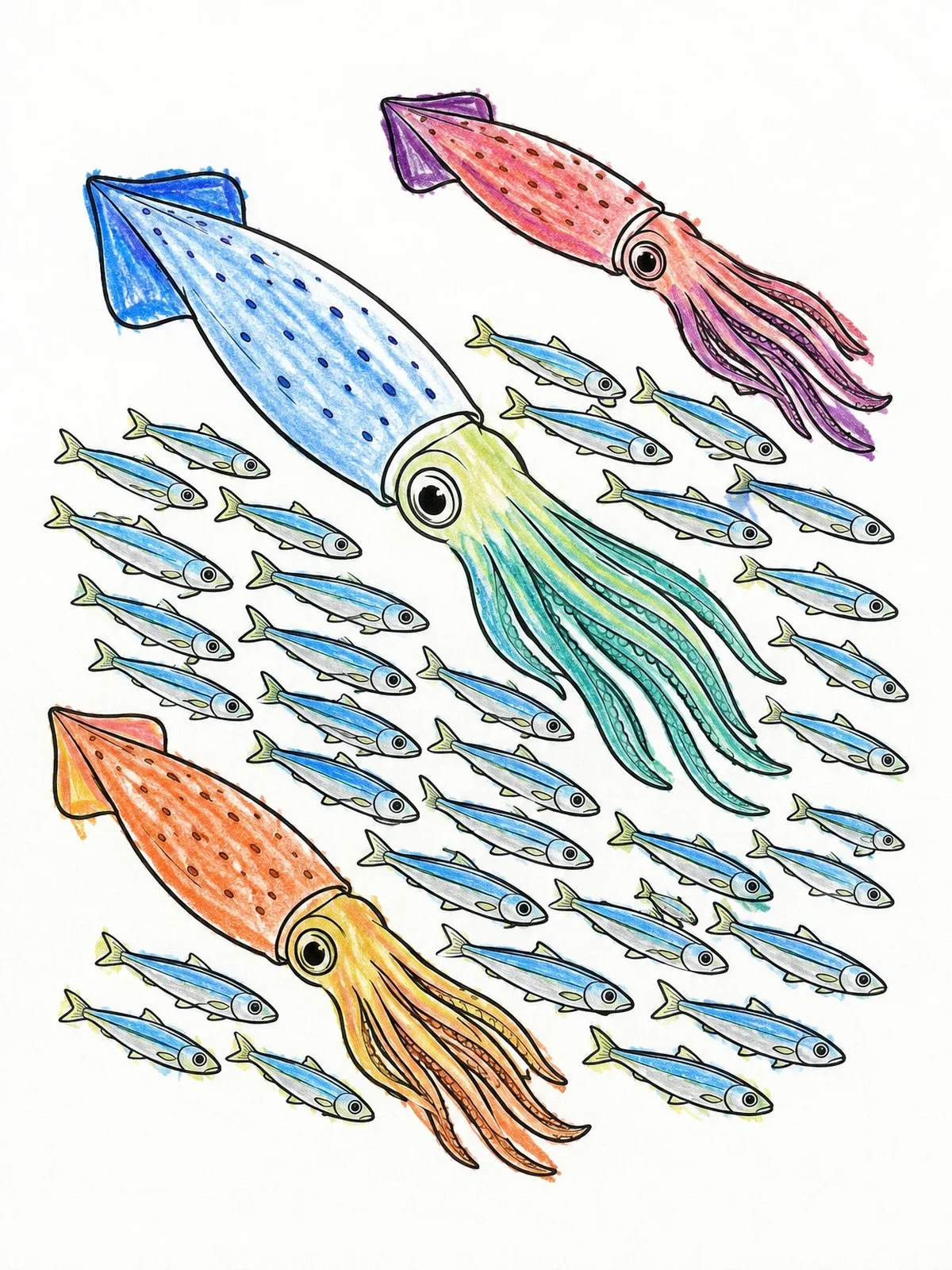 Colored example of the Market Squid Swimming With Fish School coloring page