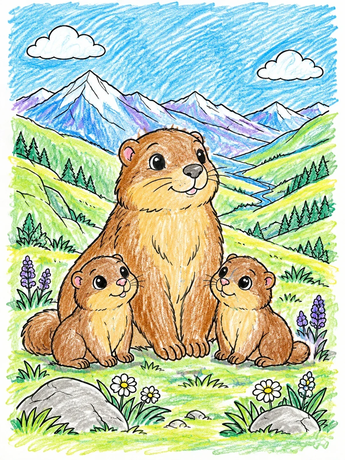 Colored example of the Marmot Family In The Mountains coloring page
