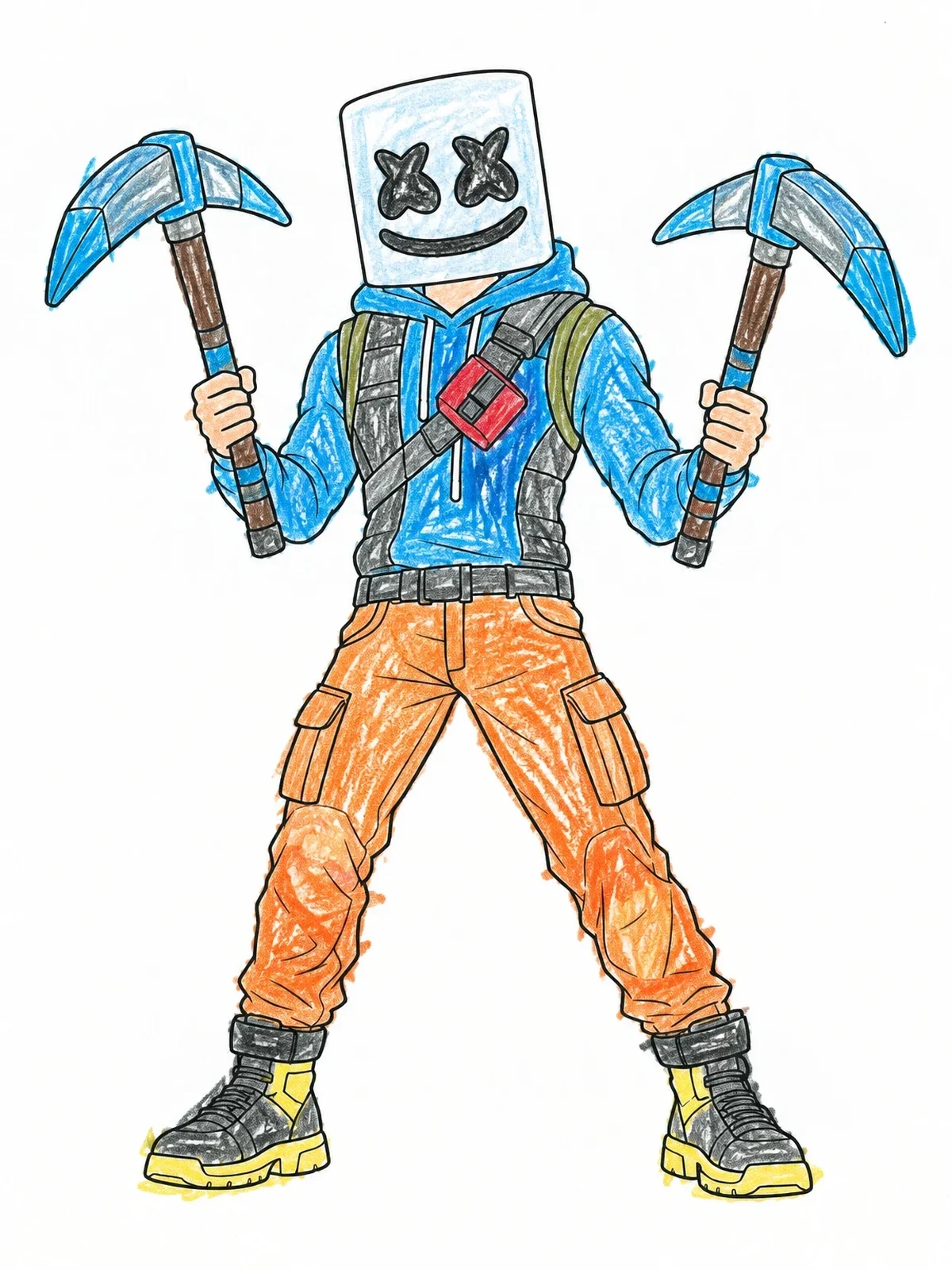 Colored example of the Marshmallow Action Hero With Pickaxes coloring page
