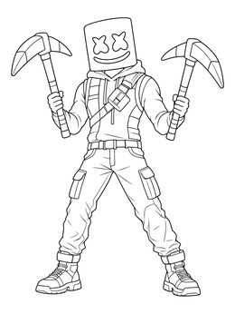 An action warrior in a marshmallow coloring page holding dual pickaxes in tactical gear.