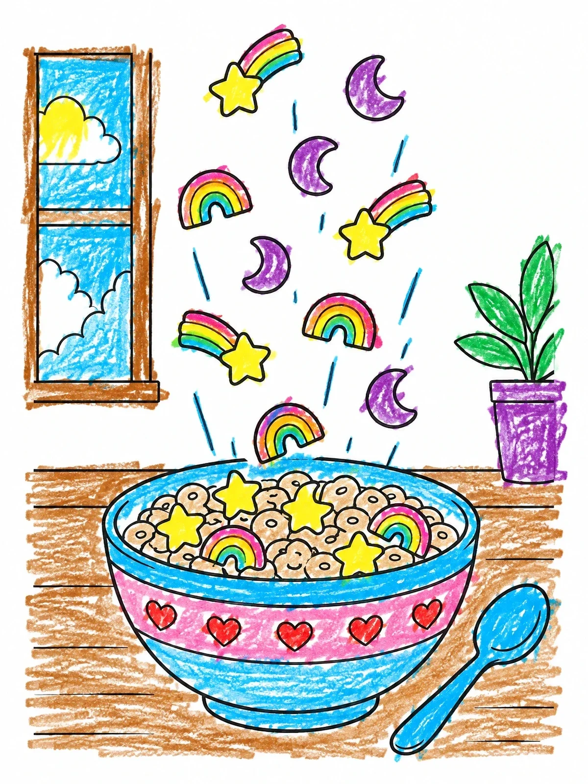 Colored example of the Marshmallow Shapes Falling Into Cereal Bowl coloring page
