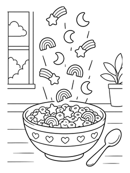 Free printable Marshmallow Shapes Falling Into Cereal Bowl coloring page